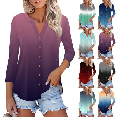 Women's Button Down Cardigan T Shirts 3/4 Sleeve V Neck Tees Casual  Fashion Printed T-shirt Tops