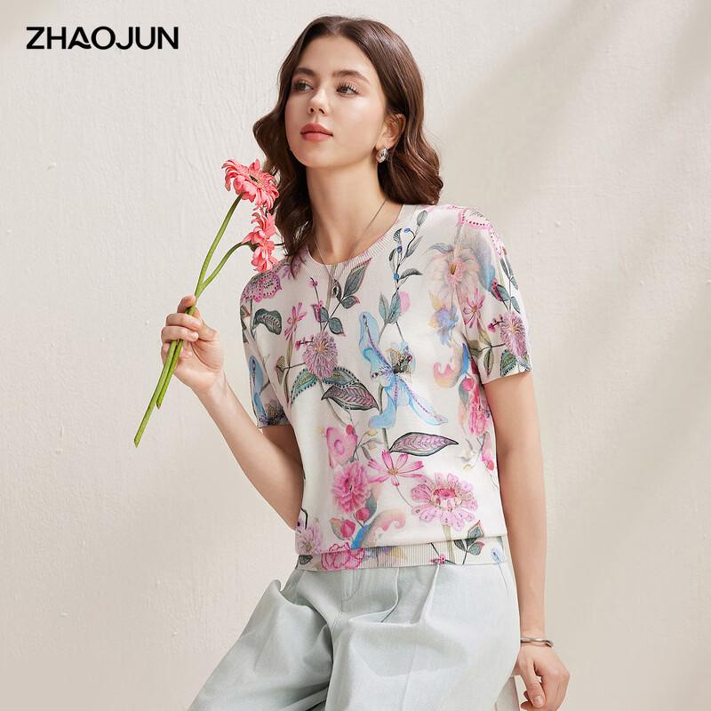 

Zhaojun Women s Floral Print Round Neck Silk Blend Knit T-shirt L