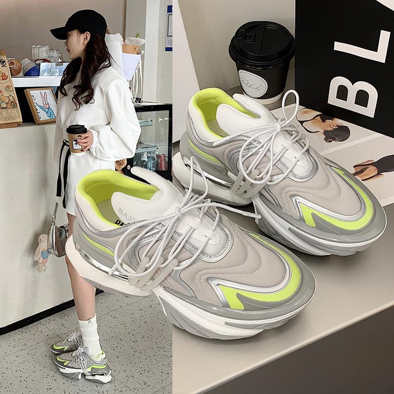 Fashion Flat Platform Daddy Shoes Women Patchwork Air Cushion Elastic Shoes Thick Sole Shock-Absorbing Spaceship Sneakers Unisex 2025