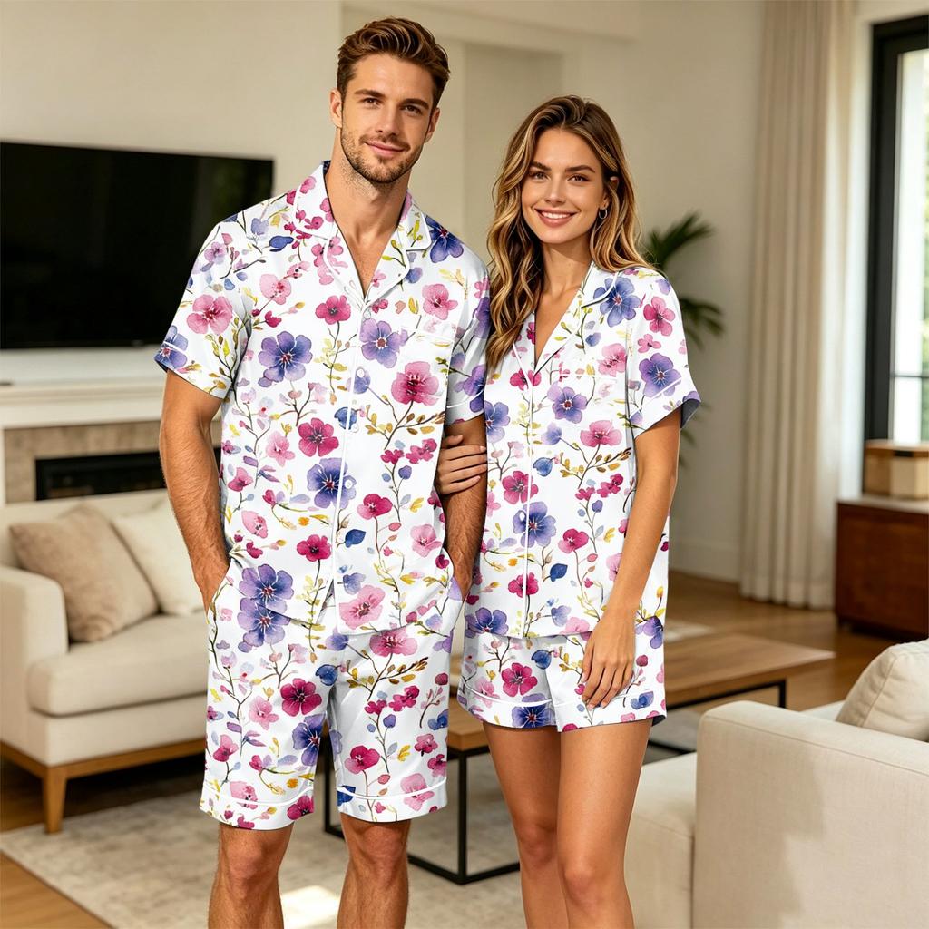 Herenbloemenprint Korte Mouw Pyjamaset met Borstzak voor Casual Slaapkleding en