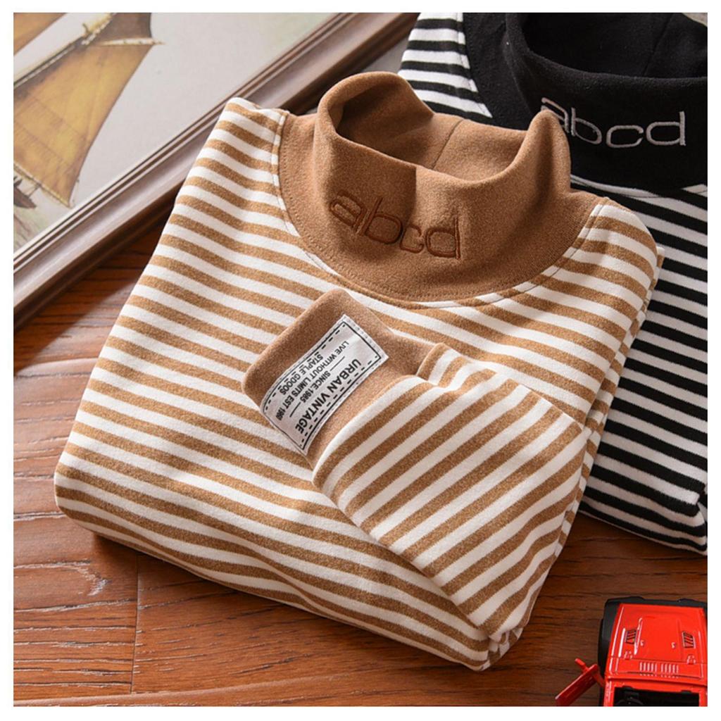 2023 Boys' Half Turtleneck Striped Tops: Warm and Stylish Autumn/Winter Shirts for Kids