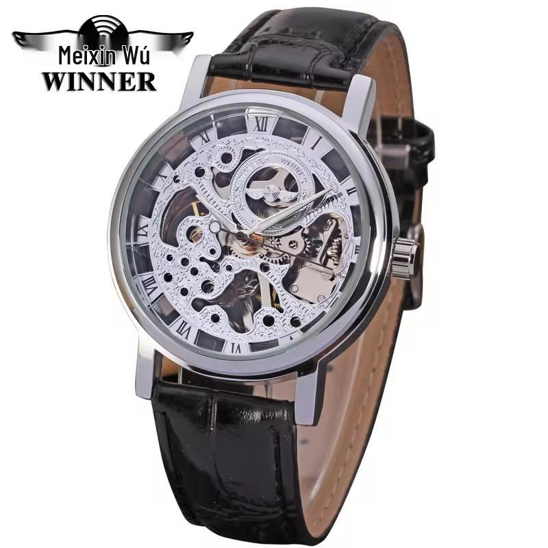 Winner Men's Double-Sided Skeleton Mechanical Watch, Gold Case with Brown/Red Strap.