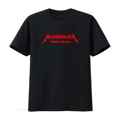 Alcoholica Drink Em All Rolig Rock T-shirt 100% Bomull för Män vintage Tvättad designkläder Topp för Vardagsbruk Bekväm