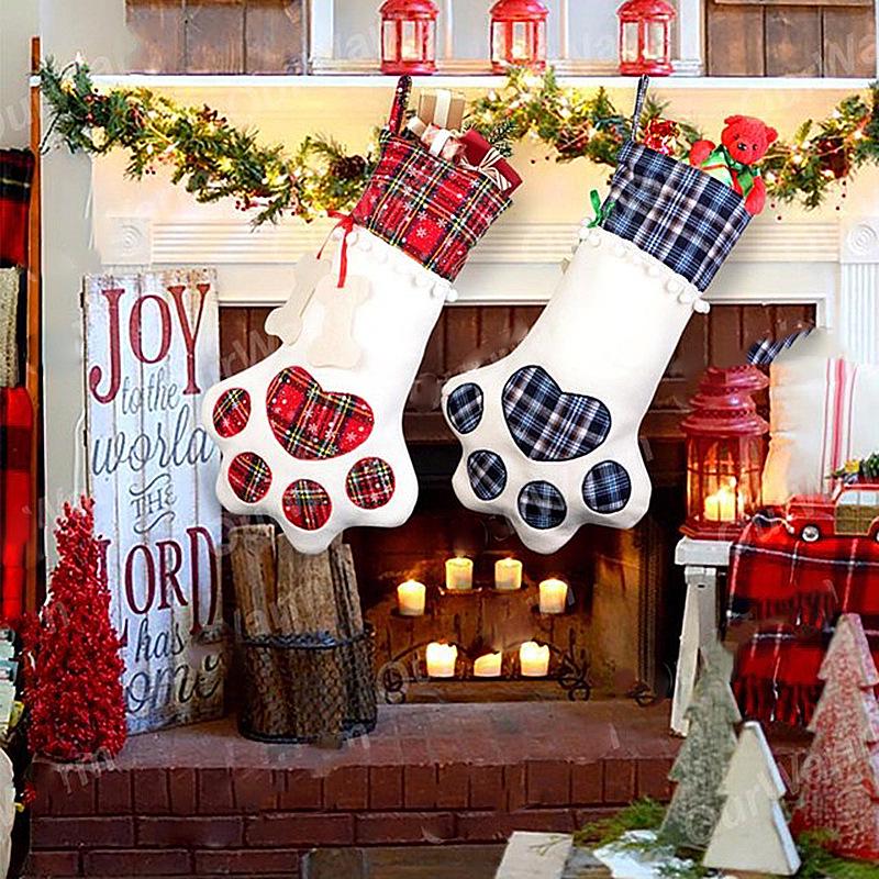 Handmade Dog Paw Plaid Christmas Stocking Gift Bags