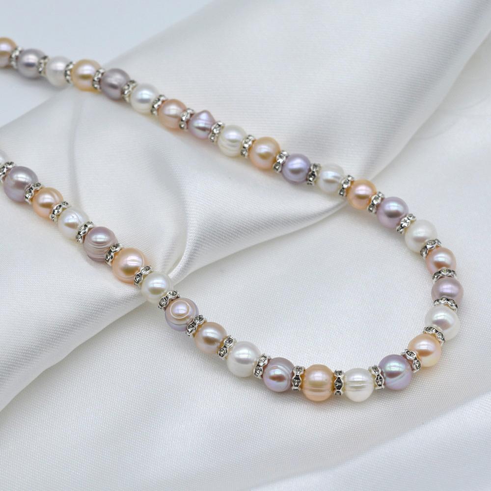 Women's Natural Pearl Necklace Rainbow Color Round Freshwater Pearl Cubic Zirconia Classic Necklace Mom Gift
