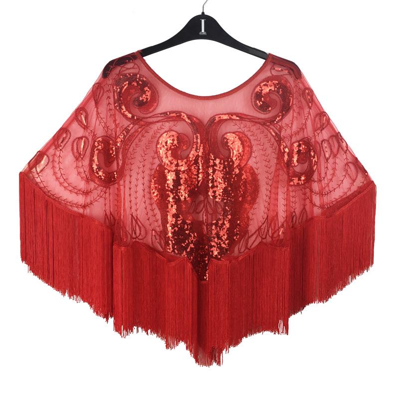 Mesh Sequin Tassel Shawl Evening Gown Strapless Wedding Dress with Elegant Beaded Cape Cover-up