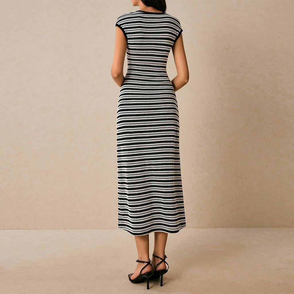 Modisches lässiges Damen-Langarm-Maxikleid mit Farbblock-Streifen und taillierter Rundhals
