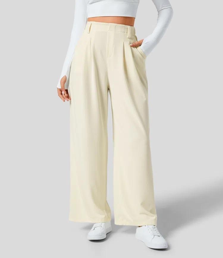 Women's High Waist Pleated Wide Leg Dress Pants Solid Color Office Business Trousers With Side Pockets