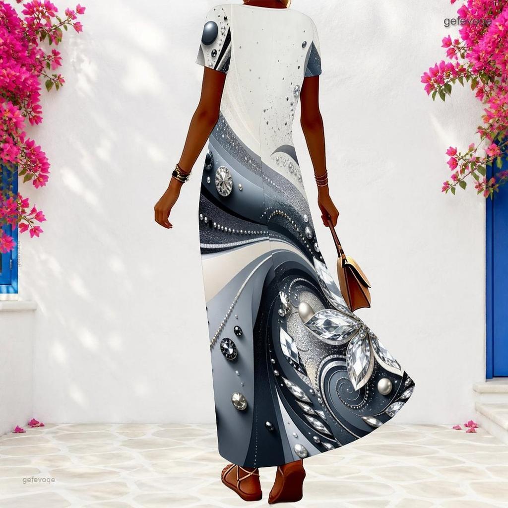 Women Plus Size V Neck Short Sleeve Printed Long Dress White Gray Abstract Rhinestone Pattern