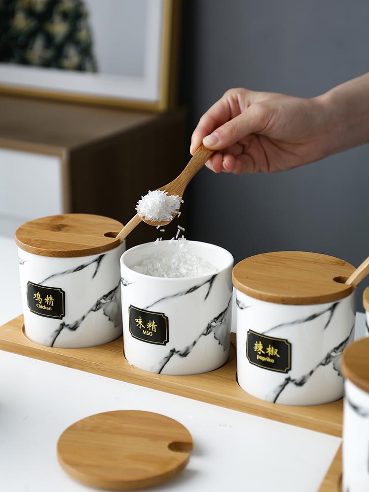 Kitchen seasoning tools ceramic seasoning jar set marble pattern cruet bamboo tray kitchen supplies seasoning box salt shaker