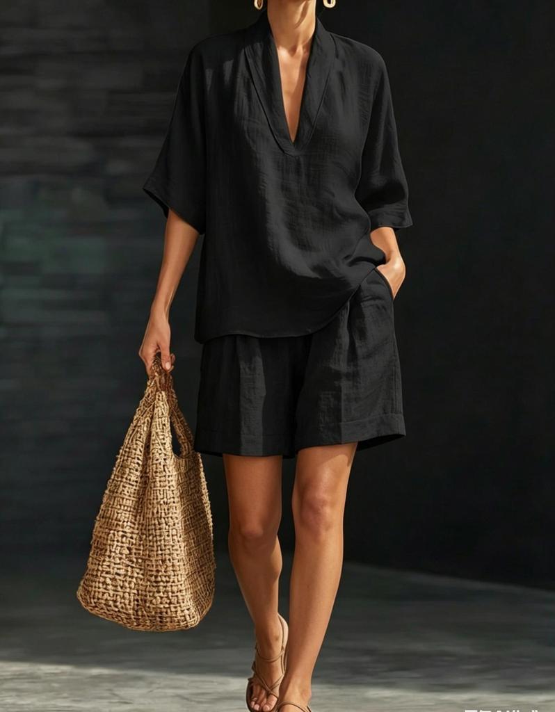 Vintage Style Women's Linen Suit: Loose V-Neck Top & Wide Leg Pants Two-Piece Set for Summer