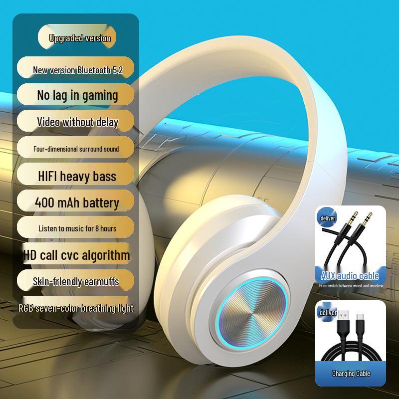 Glowing Noise-Cancelling Wireless Over-Ear Bluetooth Headphones for Sports