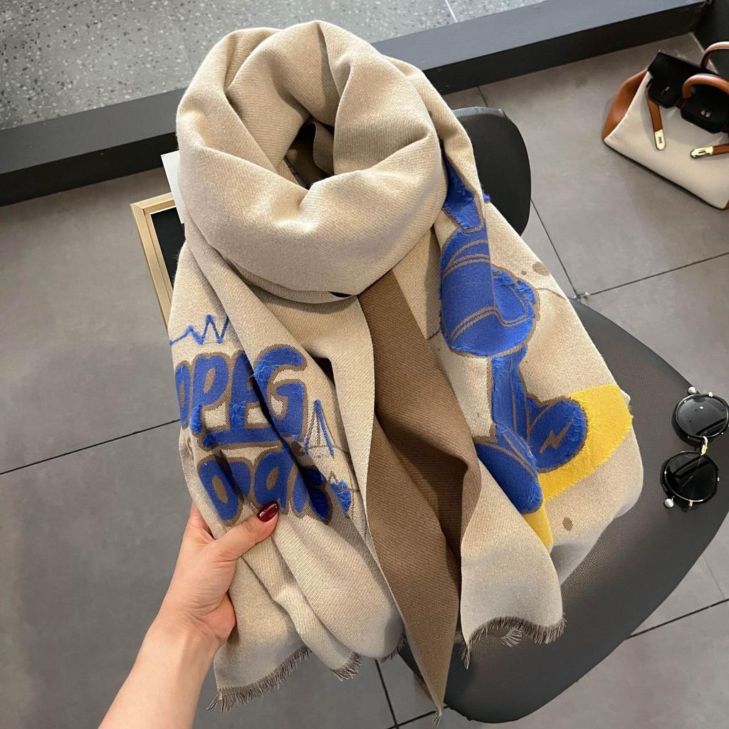 New Winter Imitation Cashmere Scarf F Letter Versatile Long Tassel Shawl Fashion Thickened Scarf