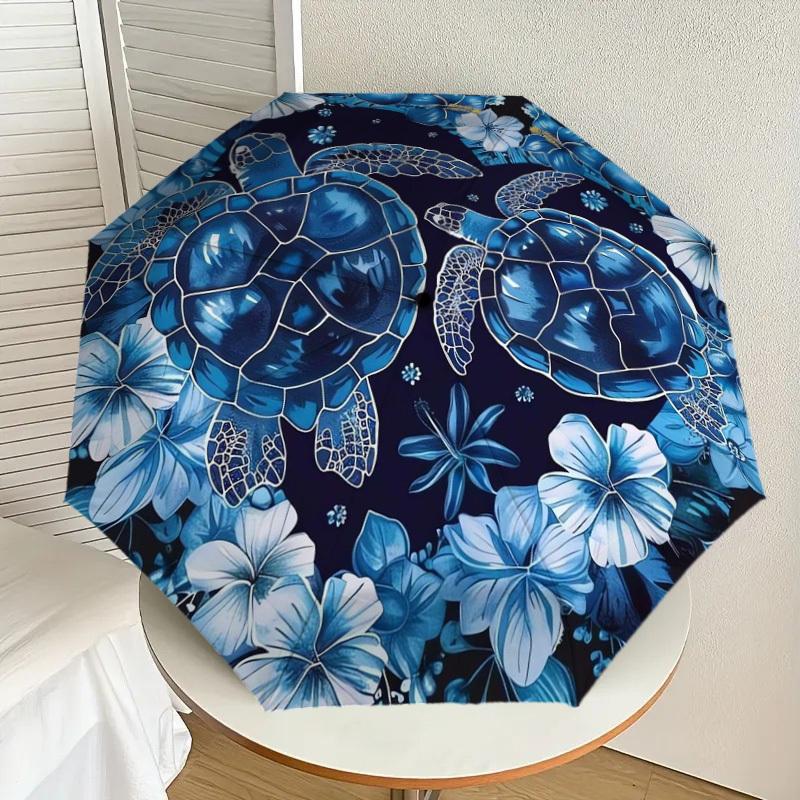 

1pc Blue Floral Turtles Circular Artwork Umbrella with Plastic Handle,Suitable for All Seasons Home Travel Outdoor UmbrellaDD036