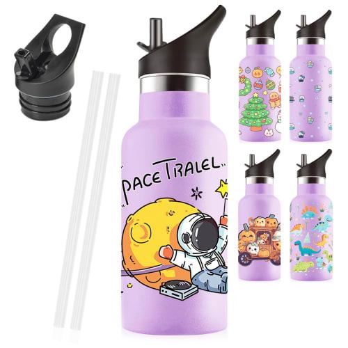 KollyKolla Water Bottle, 350ml, Lightweight, Insulates Hot & Cold Water, Vacuum Insulated, Portable, with Straw, Cute, Easy To Clean, Purple Character