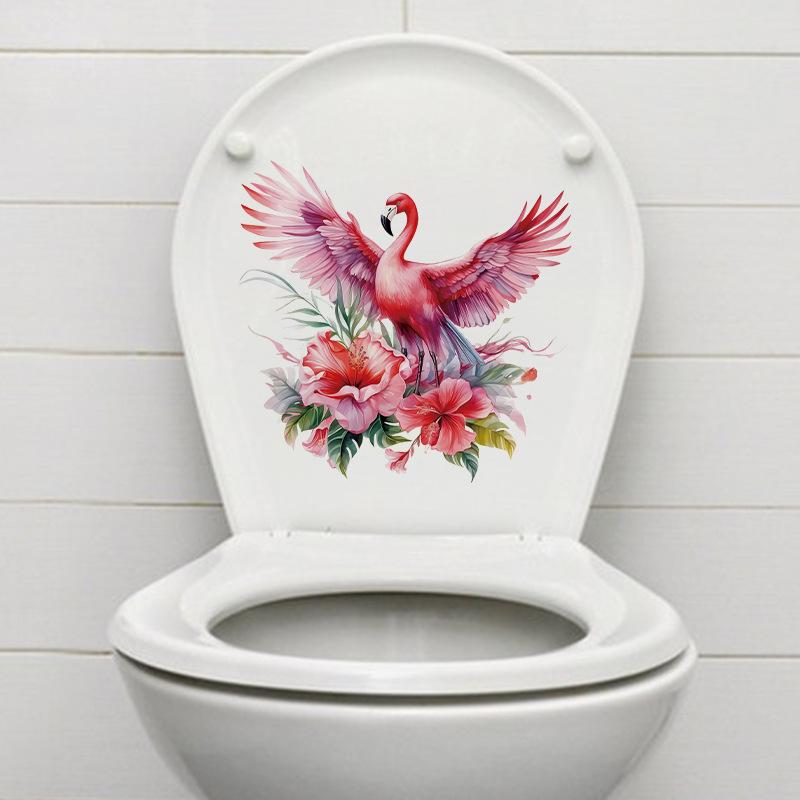 Pink Flower Flamingo Toilet Sticker Bathroom Ceramic Tile Corridor Entrance Background Decoration Wall Sticker