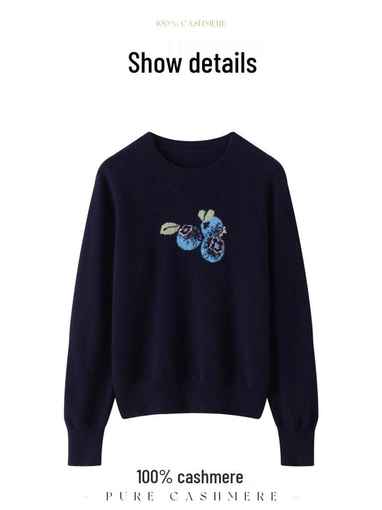 2025 Autumn/Winter Women's Round Neck Blueberry Jacquard 100% Pure Cashmere Sweater