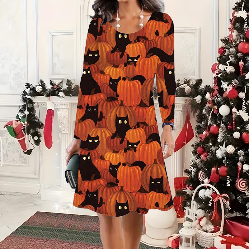 

2025 Осень и Зима Новое Повседневное Женское Платье с Круглым Вырезом 3D Хэллоуинский Узор Идеальный Подарок на Хэллоуин Рождество 8XL жёлтый