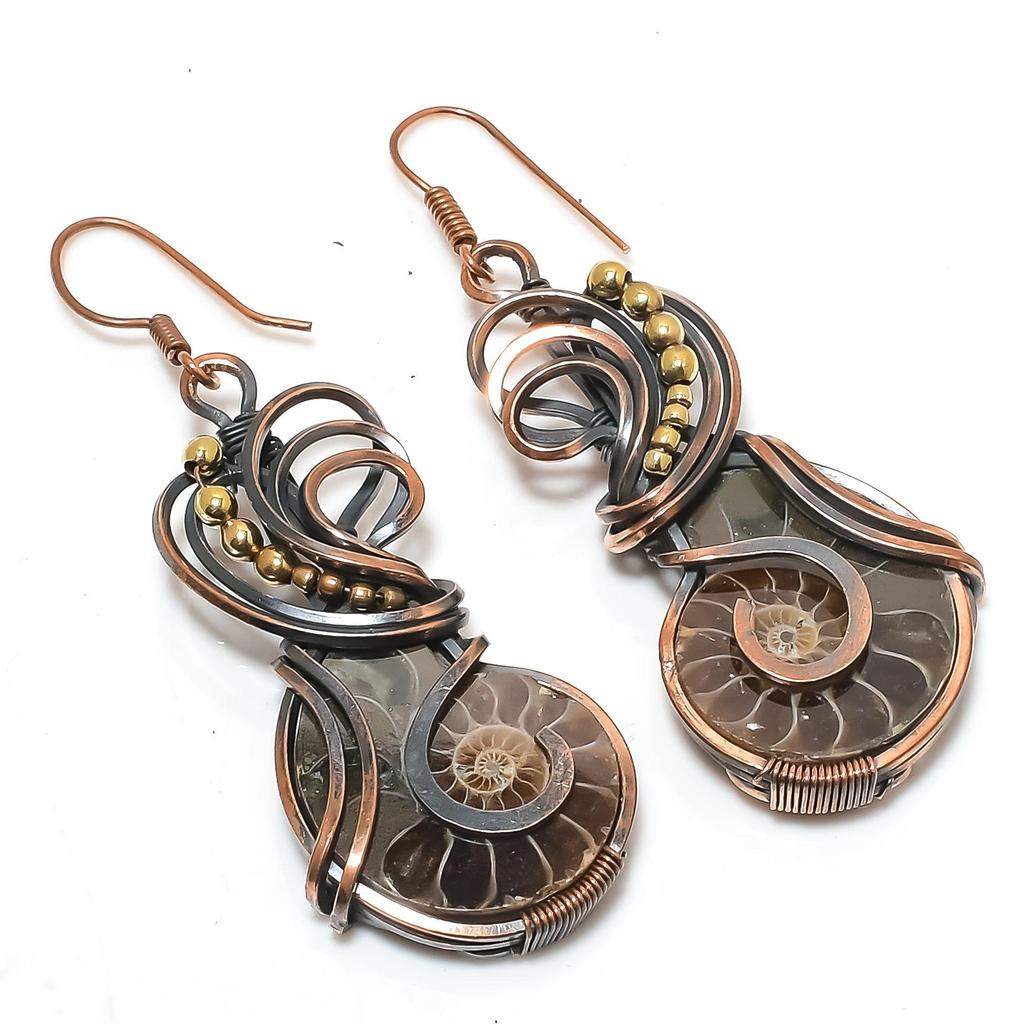 Ammonite Fossil Earrings, 999 Copper Wire Wrapped Earrings, Handmade Gemstone Jewelry Earrings For Memorial Day