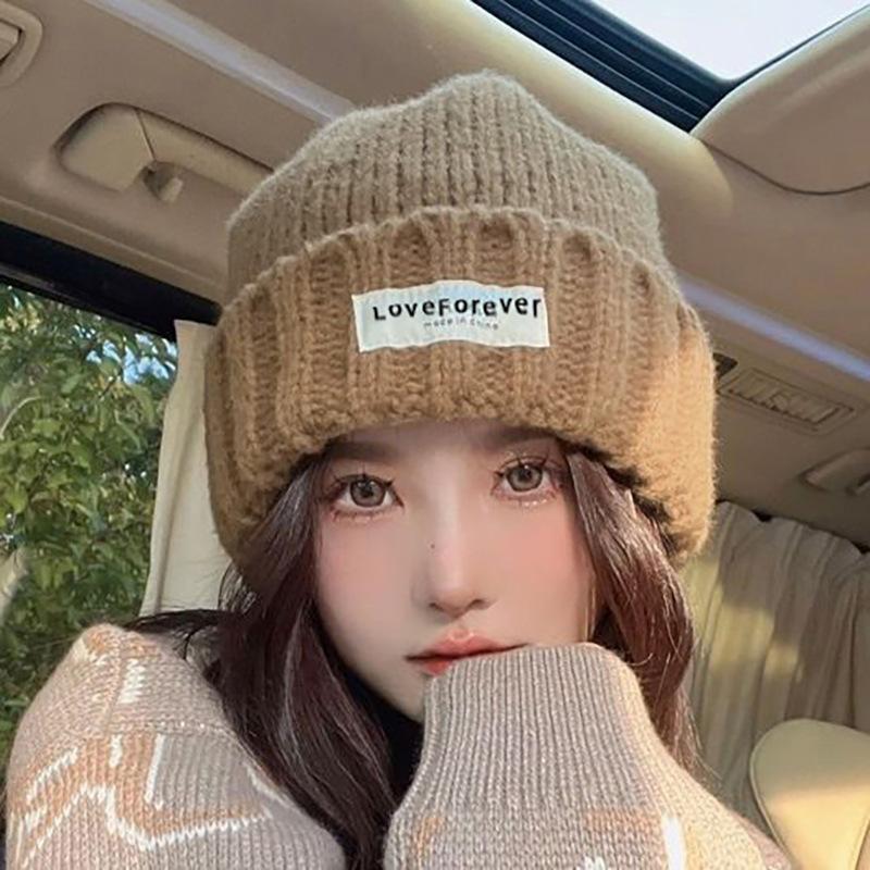 Korean Style Brand Letter Patch Wool Hat for Women Autumn and Winter Japanese Versatile Warm Knitted Hat Couple Student Pullover Hat