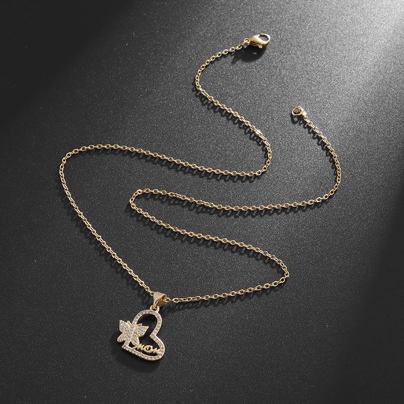 Women's Fashion Butterfly Letter Design Heart Shape Zircon Pendant Necklace Creative Romantic Sweet Casual Gift