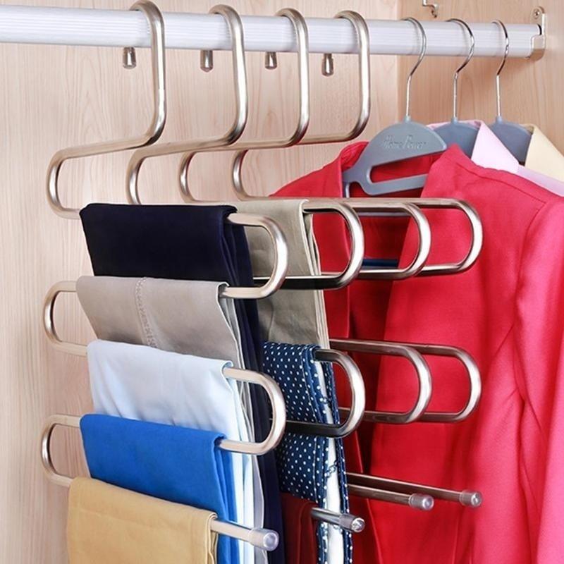New 5 Layers Stainless Steel Trousers Hanger Pants Clothes Holder Rack S Shape