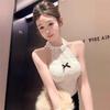 Lace splicing white neck sling vest women's summer with chest pad inside Spice girl sexy short top outside