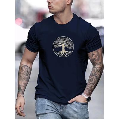 Men's Summer 100% Pure Cotton Fashionable Casual Sports Wide Pine Pattern Printed Sports Round Neck Short Sleeved T-shirt Top