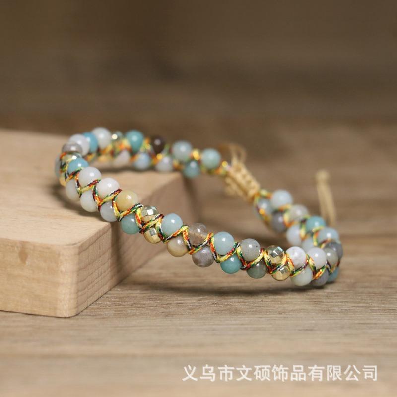 Amazonite & Mixed Stone Braided Bracelet – Gold Accent Adjustable Boho Jewelry, Calm Balance Gift for Women