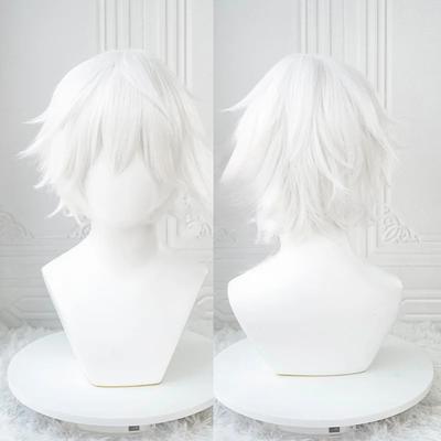 Anime Kaneki Ken Cosplay Perücken Kurze Weiße Flauschige Perücken Augenklappe Hitzebeständiges Synthetisches Haar Party Rollenspiel