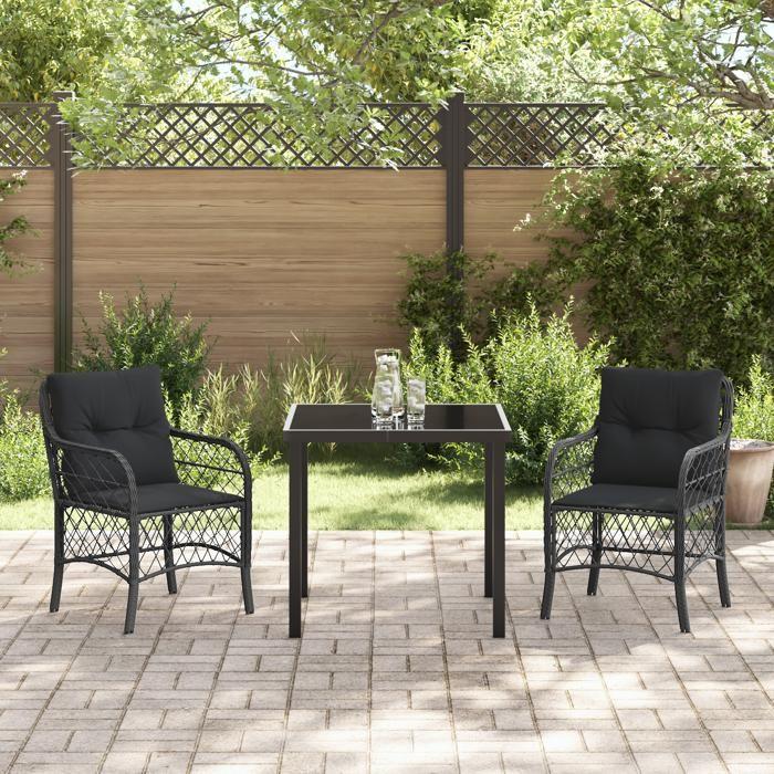 VidaXL Ensemble de Salle à Manger de Jardin de 3 Pièces avec Coussins Noir Poly Rattan 3380204