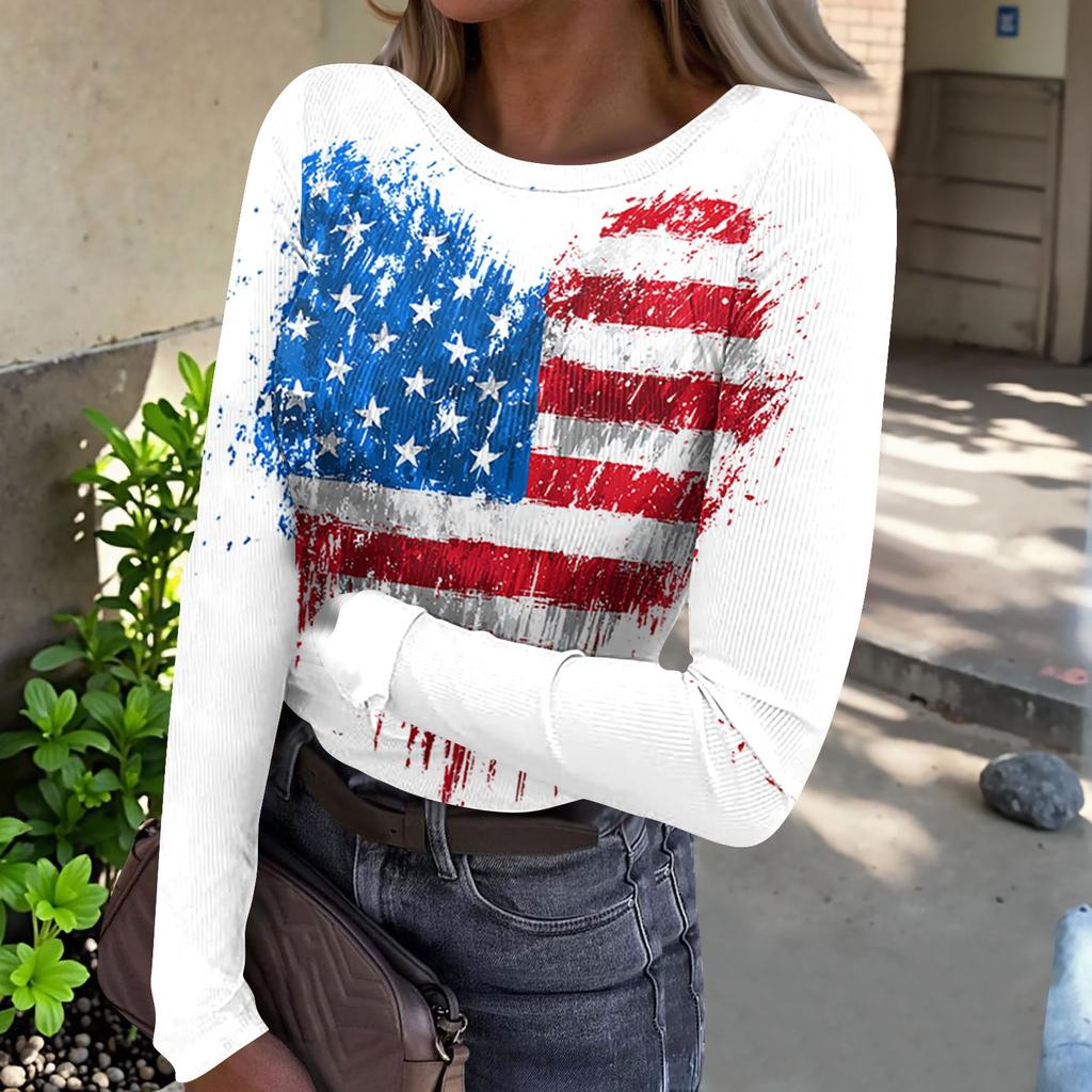 Damen Freizeit Langarm Rippstrick Oberteil Rundhals Pullover Amerikanische Flagge Print Leicht Dehnbares Shirt für den Alltag