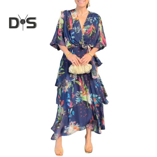Women Dress Multi-layered Hem Lace-up Slim Waist Colorful Printing Maxi Dress Mid Sleeve V Neck Vacation Party Dress