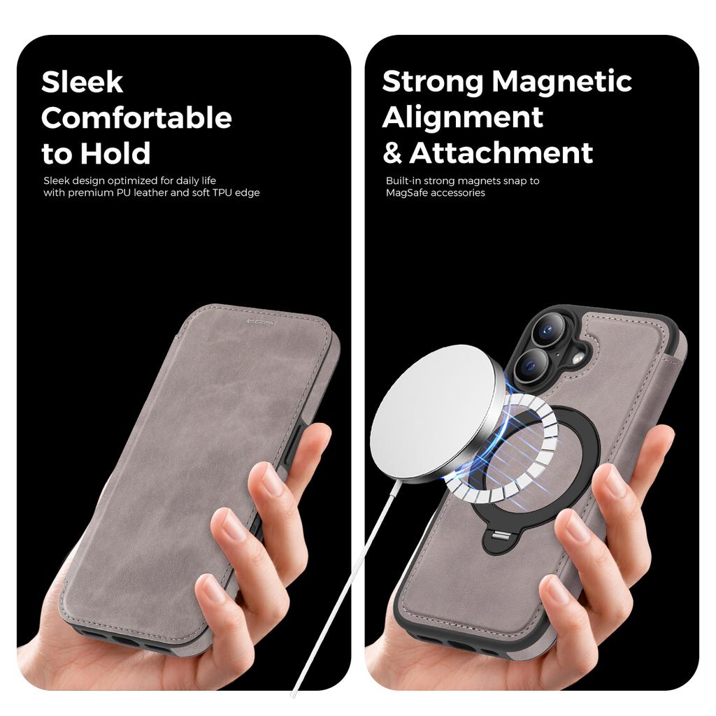 For iPhone 16 Case Compatible with MagSafe RFID Blocking Leather Wallet Cover with Rotating Ring Kickstand