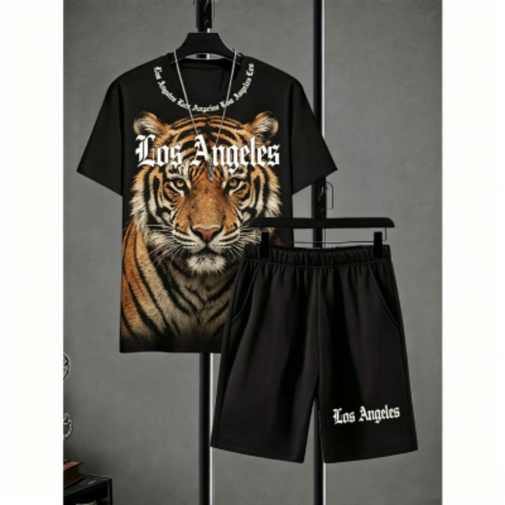 Fashion Men's Set Animal Tiger Lion Printed Men's T-shirt and Shorts 2 Piece Set Summer Casual Outdoor Men's and Women's T-shirt Sets