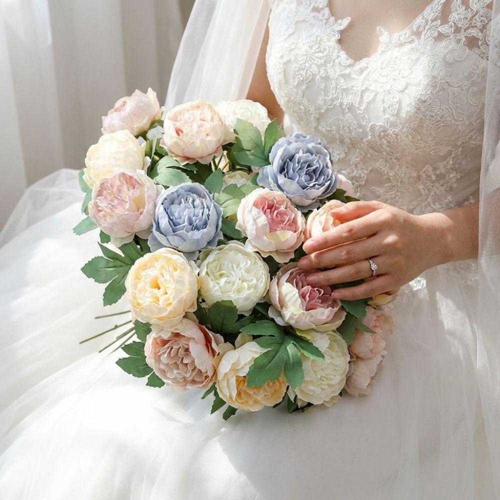 Peony Artifiical Flower Branch Flexible Stems 29cm Height Camellia Fake Flower with Green Leaves Simulation Flower