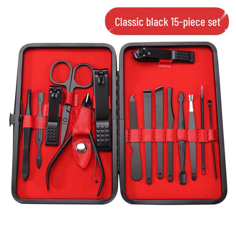 24-Piece Manicure Set: Black and Red Nails, Ear Pick, Oblique Clippers, Nose Hair Scissors, Tweezers