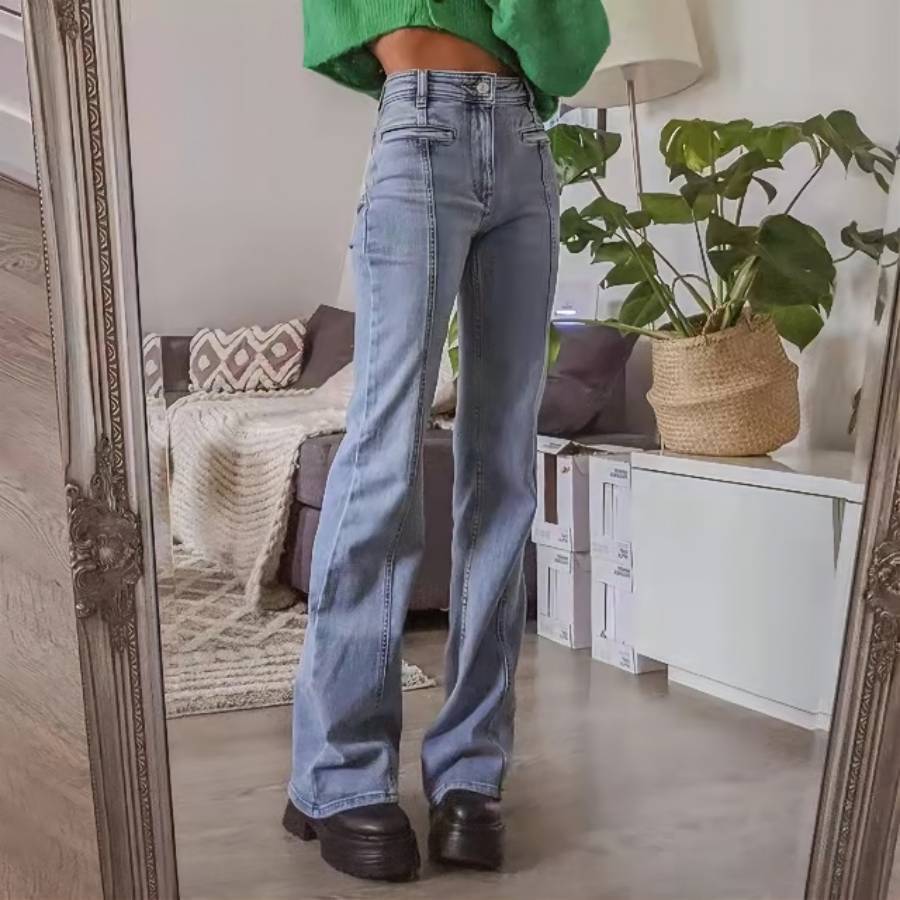 Spring and Summer Retro Mid-waisted Back Pentagonal Collision Star Long Pants Casual Denim Micro Trousers
