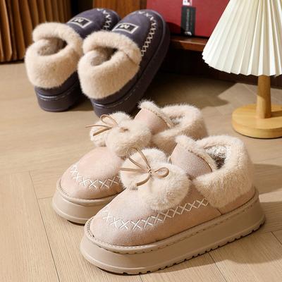 Slippers Winter Outer Wear Bag Heel Thick-soled Indoor Bow, Cotton Shoes Winter Velvet Warm Low-top Cotton Slippers Women