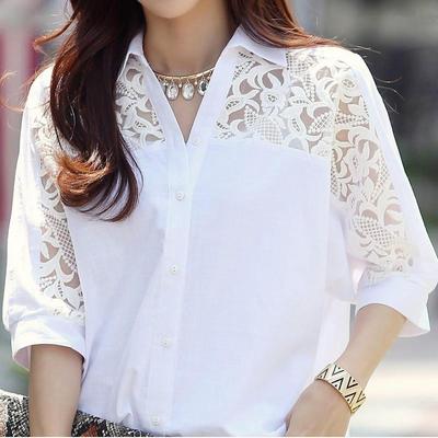 Sexy Spitzen-Patchwork Weißes Chiffon-Knopfhemd für Damen Sommer Lässig Einfach Locker Halbarmlig Damen Oberteile Blusen Kleidung