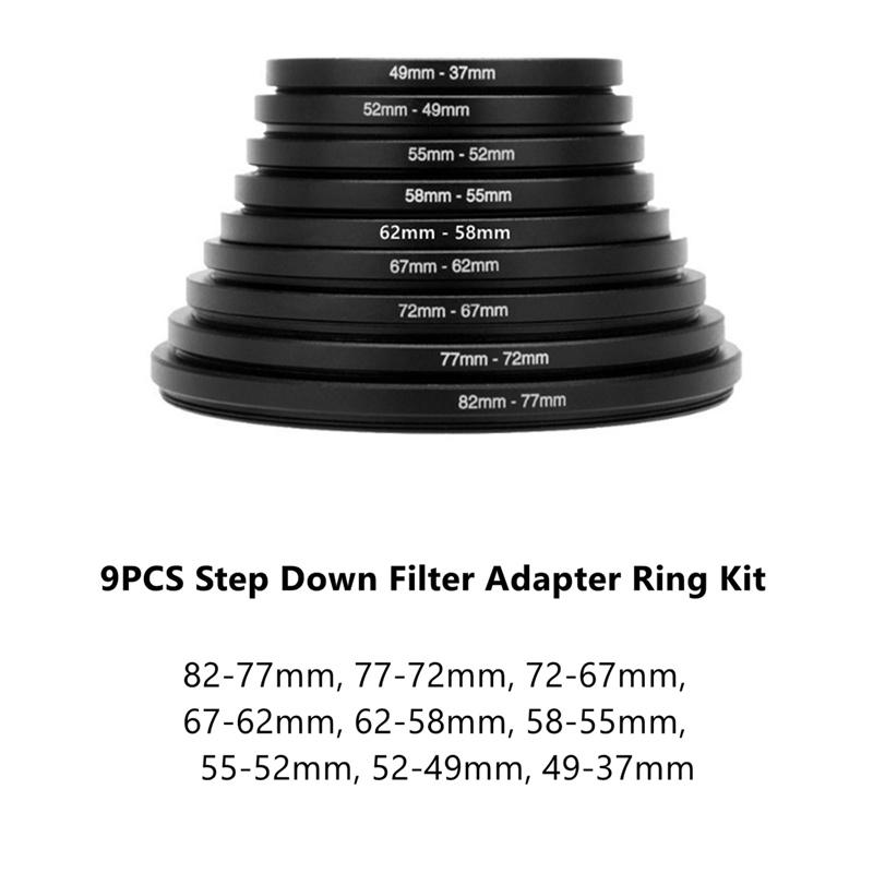 9pcs Camera Lens Filter Step Up &amp; Down Ring Adapter Set 37-82mm 82-37mm For Canon Nikon Fujifilm Dslr Lenses