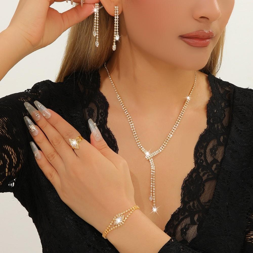 4PC Simple Necklace Earrings Bracelet Ring Set Sparkling Women's Fashion Jewelry Kit Wedding