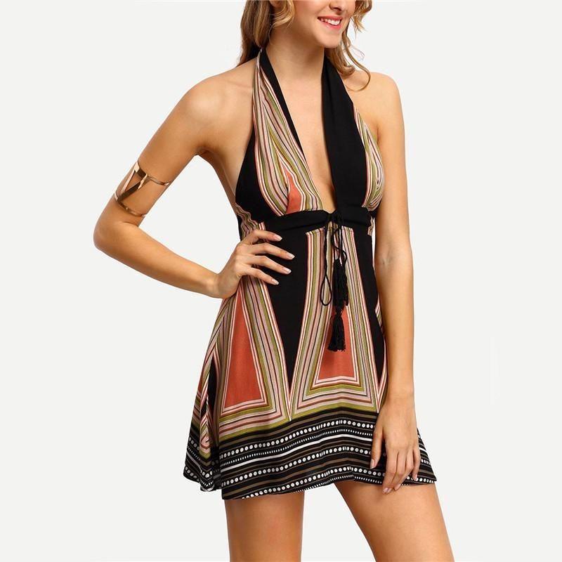 Sexy Deep Vneck Hanging Neck Short Skirt Womens Backless Beach Dress With Cotton Blend Fabric