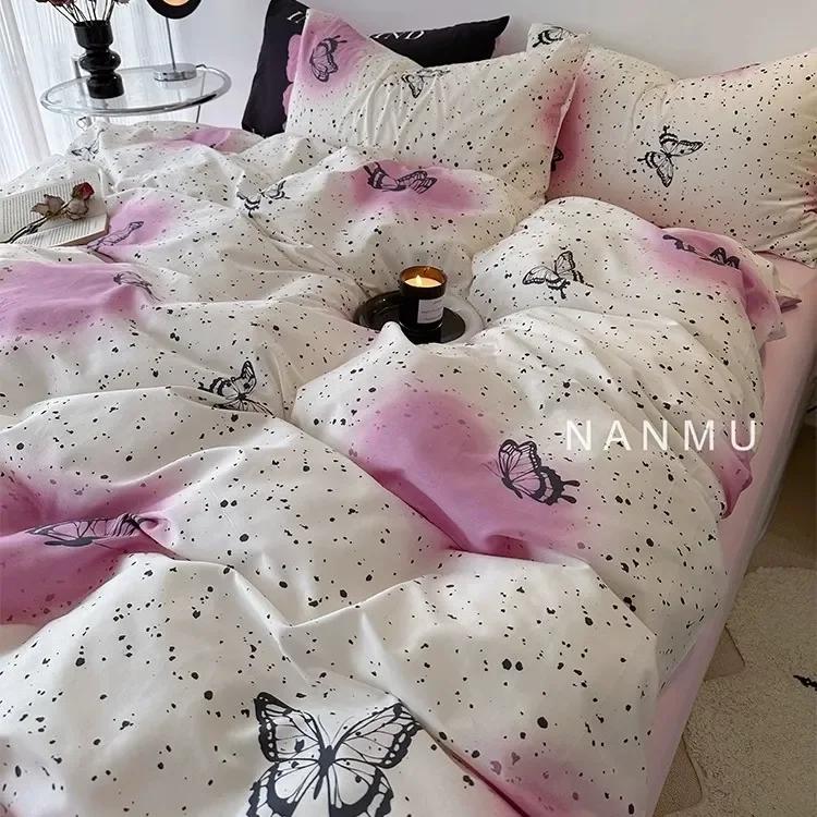 INS Double-sided Availability Pink Blue Cute Cat And Rabbit Bedding Set Duvet Cover Sheets With Pillowcases Full Size Bedroom