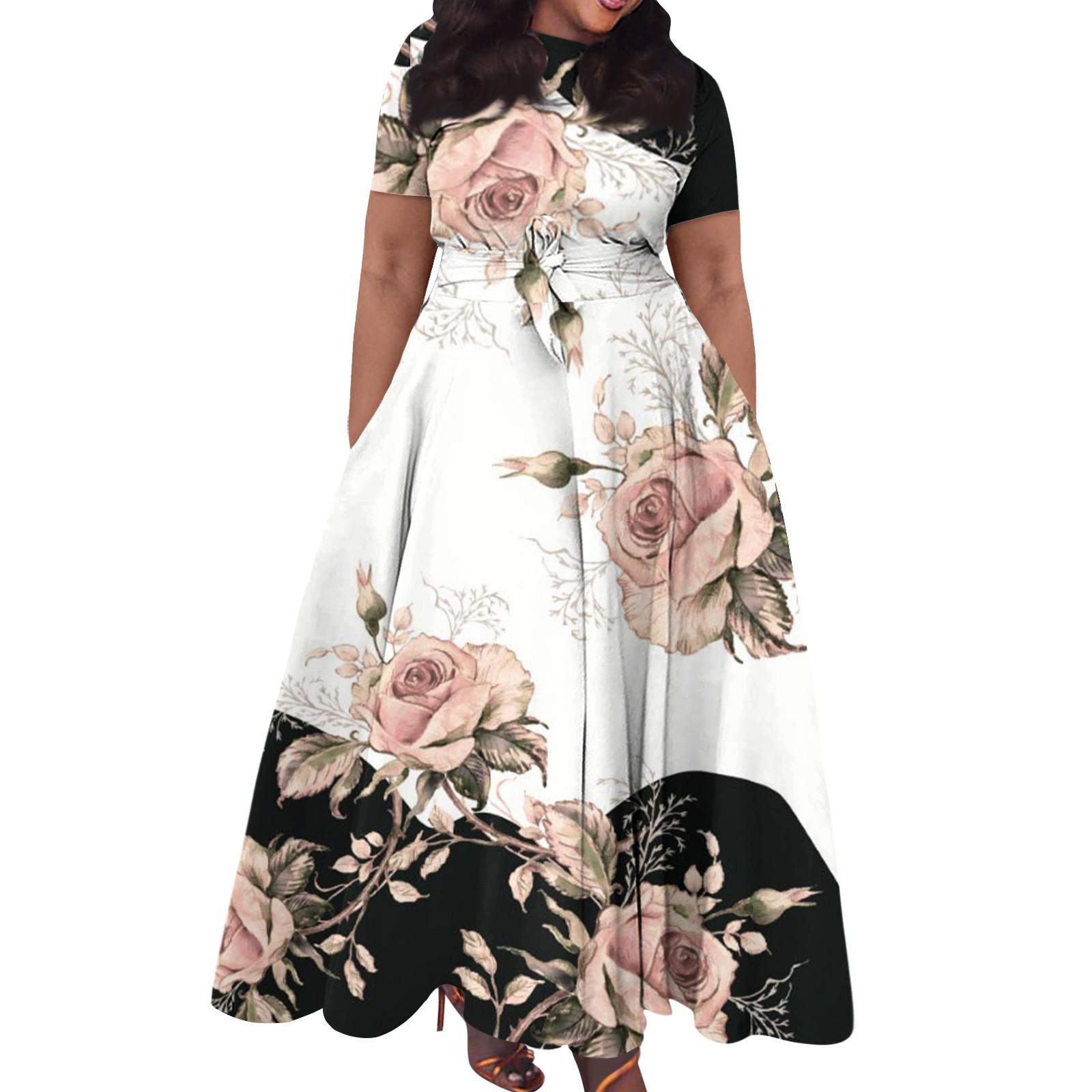 

Женское повседневное модное свободное платье большого размера с принтом, круглым вырезом и короткими рукавами, карманными бретелями XXXXXL розовый