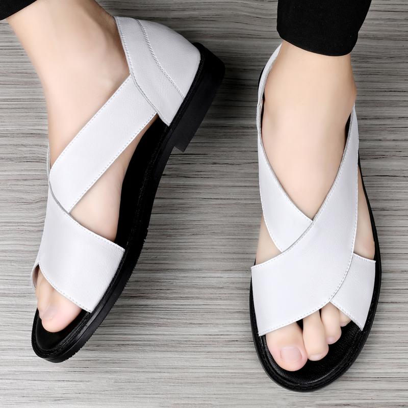 Men Sandals Black Leather Gladiator Sandals Outdoor Roman Sandals Slip On For Men Open Toe Beach Shoes Plus Size