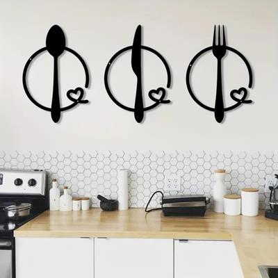 3 Stück/Set Metall Besteck Wanddekoration Matt Schwarz Löffel Gabel Messer Besteck Wandkunst Skulptur Zuhause Wohnzimmer Küche Wand Dekoschild