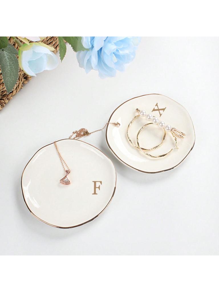 Initials Ring Dish Jewery Tray with Personalized A-Z Monogrammed Gifts Wedding Engagement for Women Friends sister,Ceramic White