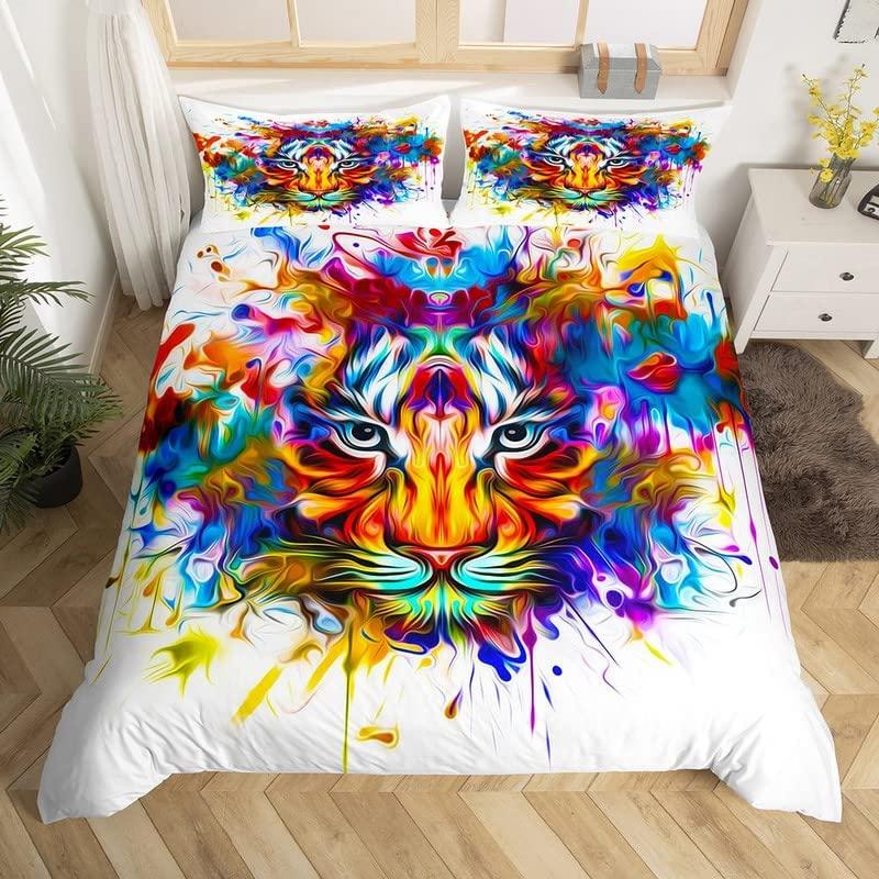 Tiger Wild Animals Duvet Cover Set King Of The Forest Pattern Polyester Comforter Cover King Queen Full Size For Kids Boys Girls