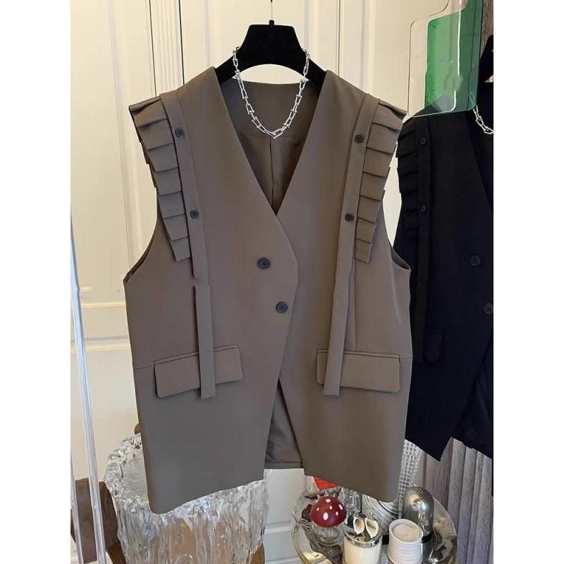 

Жилет темперамент для женщин, пальто с V-образным вырезом, без рукавов, свободные топы, пэчворк, оборки, повседневный жилет, модные корейские майки S